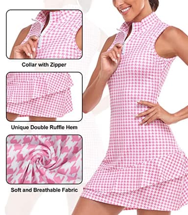 Tennis Dress for Women Classic Golf Outfits Sleeveless Athletic Dresses with Pockets and Shorts Zip Up Stand Collar Lightweight for Pink Houndstooth-S - Image 3