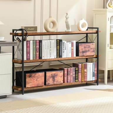 HCHQHS Bookshelf, 3-Tier Long Industrial Bookcase, Rustic Open Book Shelf, Freestanding Horizontal Bookshelves with Metal Frame - Image 7