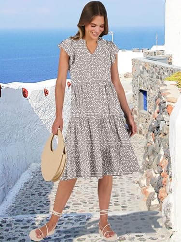 ANRABESS Womens Summer Ruffle Sleeve V Neck Floral Print Midi Dress 2025 Fashion Casual Fit Flowy Tiered Boho Beach Vacation Sundress Khaki Polka Dot-M - Image 5