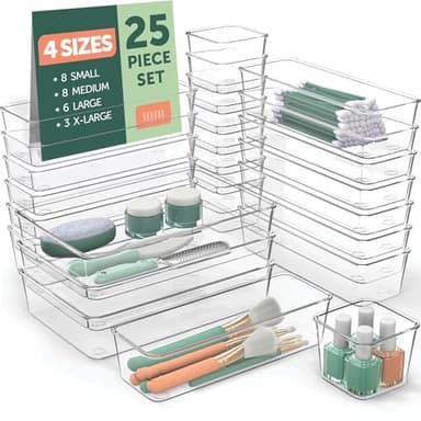 25 PCS Clear Plastic Drawer Organizers Set, 4 Sizes Clear Drawer Organizers & storage Bins for Makeup/Jewelry Vanity, Kitchen Gadgets Or Office Desk. Bathroom Drawer Organizer Trays With Non-Slip Pads - Image 1