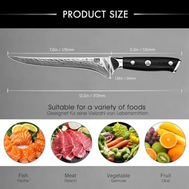 SHAN ZU 7 Inch Fillet Knife, Japanese Steel Damascus Boning Knife, Professional Sharp High Carbon Super Steel Kitchen Utility Knife with Ergonomic G10 Glass Fiber Handle - Image 5