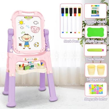 Amagoing Easel for Kids, Adjustable Standing Art Easel for Toddler, Double Side White Chalk Board with Painting Accessories, Birthday Christmas Gift for Little Girls and Boy Age 3 4 5, Pink - Image 4