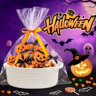 Pro Goleem Small Woven Basket with Gift Bags and Ribbons Durable Baskets for Halloween Gifts Empty Small Rope Basket for Storage 12"X 8" X 5" Baby Toy Baskets with Handles, White - Image 3