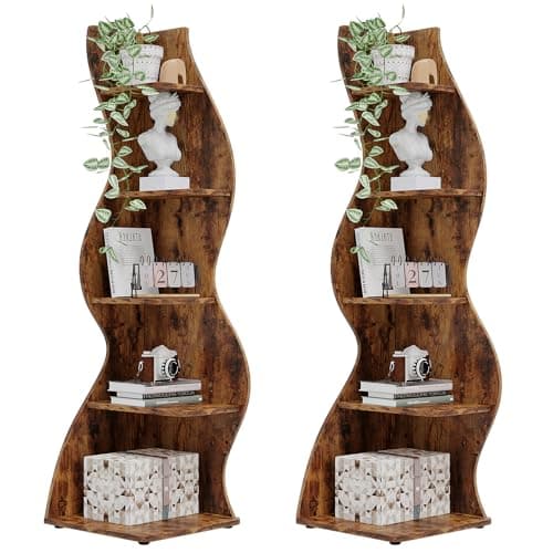 Tribesigns Corner Shelf, Rustic 5-Tier Wall Corner Bookshelf, Stylish Corner Small Bookcase Storage Rack Plant Stand with Unique Shape for Living Room, Home Office (2PCS, Brown) - Image 1