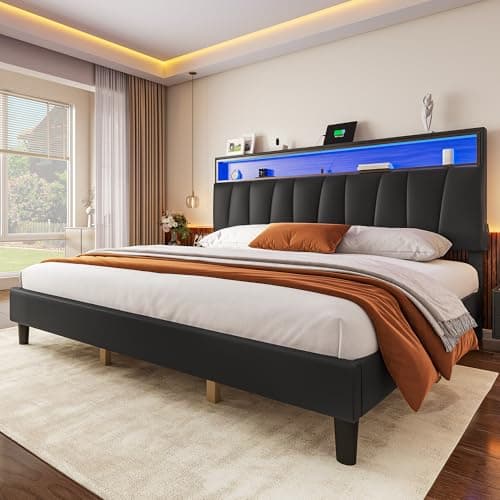 YITAHOME King Size Bed Frame, LED Bed Frame with Storage Upholstered Headboard, Platform Bed with Outlet & USB Ports, No Box Spring Needed, Easy Assembly, Black - Image 1