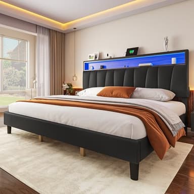 YITAHOME King Size Bed Frame, LED Bed Frame with Storage Upholstered Headboard, Platform Bed with Outlet & USB Ports, No Box Spring Needed, Easy Assembly, Black - Image 1
