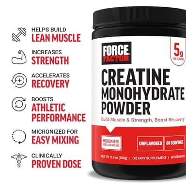 Force Factor Creatine Monohydrate Powder, 5g Micronized Dose to Support Muscle Growth, Strength, Recovery, Cognitive Health & Memory, Unflavored, 60 Servings - Image 2