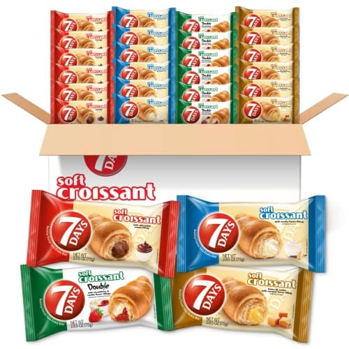 7Days Soft Croissant Variety Pack (24 Count), 6 Chocolate, 6 Vanilla, 6 Strawberry Vanilla, 6 Caramel, Breakfast Pastry, Individually Wrapped On The Go Snack (Pack of 24) - Image 1