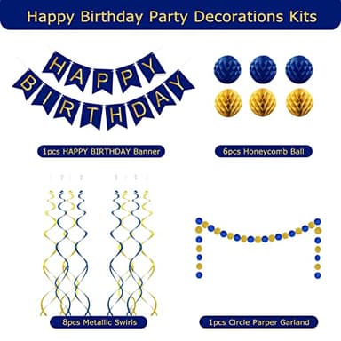Navy Blue Birthday Decorations with Happy Birthday Banner, Paper Honeycomb Balls, Circle Garland and Hanging Swirl Decorations - Image 2