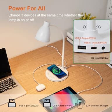 BOHON Desk Lamp for Home Office, LED Desk Light with USB C+A Charging Ports, Wireless Charger, 5 Colors Stepless Dimming Reading Light Timer, Touch Bedside Table Lamp for College Dorm Room White - Image 2
