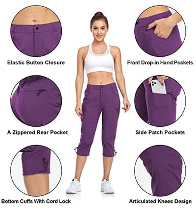 GymBrave Women's Hiking Cargo Pants Quick Dry Outdoor Camping Capris Water Resistant UPF 50 with Zipper Pockets Purple M - Image 4