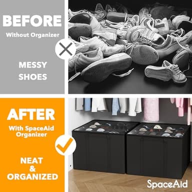 SpaceAid Shoe Organizer for Closet, 2 Pack Foldable Shoe Storage Containers Baskets Boxes Bins w/Adjustable Dividers, Fits 16-32 Pairs, Black - Image 2