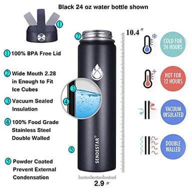 SENDESTAR Insulated Water Bottle 24 OZ, Wide Mouth 24 oz Water Bottle with Straw Lid, Spout Lid, Double Wall Vacuum Stainless Steel Leak Proof, Keeps Liquids Hot or Cold (Black) - Image 3