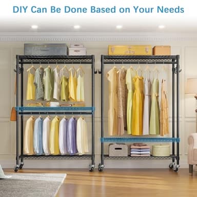 VIPEK R2 Plus Heavy Duty Rolling Garment Rack 3 Tiers Adjustable Wire Shelving Clothes Rack with Double Rods and Side Hooks, Freestanding Wardrobe Storage Rack Metal Clothing Rack, Black - Image 2