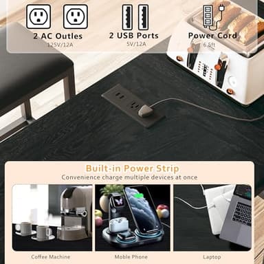 HUAHUU Bar Table and Chairs Set for 2-4, 63'' Convertible L-Shaped Kitchen Table with Power Outlets, 3 Piece Counter Height Small Dining Table with 2 Stools, Space Saving, Breakfast Nook Corner, Black - Image 4