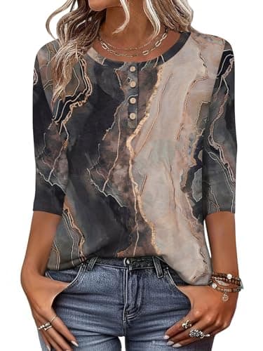 Zeagoo Tops for Women Crew Neck 3/4 Length Sleeve Dressy Shirts Floral Print Boho Blouses Loose Fit Fashion Clothes XXL - Image 1