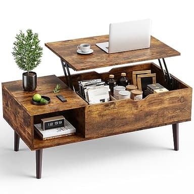 OLIXIS Wooden Coffee Table, Lift Top Coffee Table with Large Hidden Compartment and Ample Storage Shelf, Lift Tabletop Dining Table for Living Room, Home Small Space, Rustic - Image 1