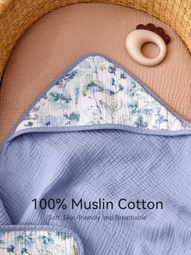 TILLYOU Muslin Hooded Baby Towels for Newborn 2 Pack, 32x32Inch Soft Baby Bath Towel Highly Absorbent for Newborn and Infant, Essential for Newborn Care, Blue Flower - Image 5