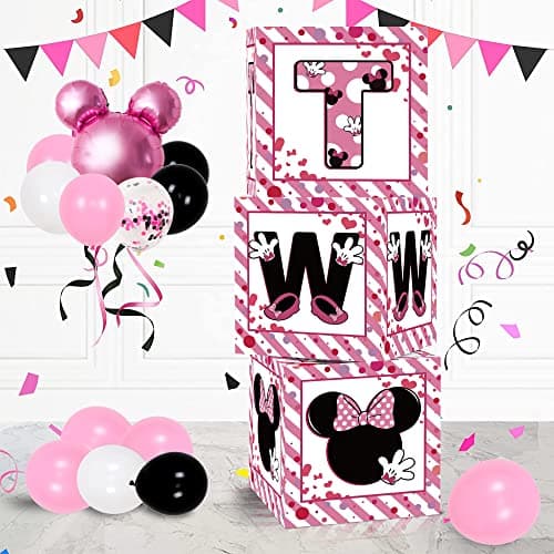 2nd Birthday Party Favors Balloon Boxes Supplies for Baby, Girls 3Pcs Pink Mouse Theme Two Year Old Balloon Boxes, 'TWO' Letters Balloon Arch Kit for Party Decorations - Image 1