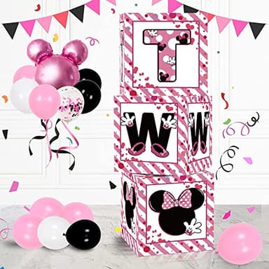 2nd Birthday Party Favors Balloon Boxes Supplies for Baby, Girls 3Pcs Pink Mouse Theme Two Year Old Balloon Boxes, 'TWO' Letters Balloon Arch Kit for Party Decorations - Image 1