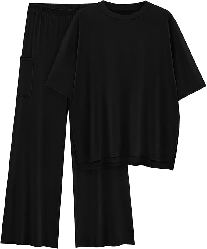 KIRUNDO Womens 2 Piece Outfits 2025 Summer Casual Loose Short Sleeve Pullover Tops & Wide Leg Pants Lounge Sets Tracksuit - Image 1