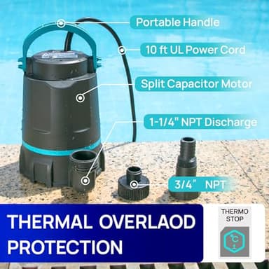 Aquastrong Sump Pump 1 HP 4500 GPH Submersible Water Pump Thermoplastic Portable Utility Pump High Flow Water Removal for Swimming Pool Garden Pond Basement Window Wells with 10ft Long Power Cord - Image 5