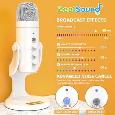 ZealSound USB Microphone,Quick Mute Noise Cancel for Phone Computer PC PS5,Gaming Microphone with Gain Control,Echo Monitor Volume Adjust for Streaming Vocal Recording ASMR Podcast Video K66 White - Image 3