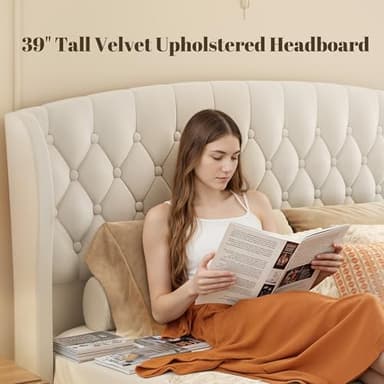 HISOFT Queen Bed Frame, 39" Tall Velvet Upholstered Sleigh Bed with Wingback Headboard & Scroll Footboard, No Box Spring Needed, Sturdy Support, Easy Assembly, Noise Free, Button Tufted, White - Image 5