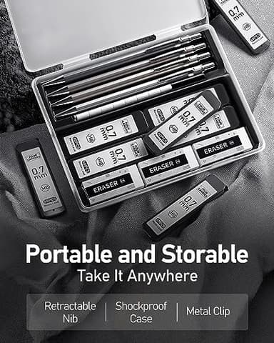 Four Candies 0.7mm Mechanical Pencil Set with Case - 4PCS Metal Mechanical Pencils, 8 Tubes HB #2 Lead Refills, 3PCS 4B Erasers and 9PCS Eraser Refills, Lead Mechanical Pencils for Writing & Drawing - Image 5