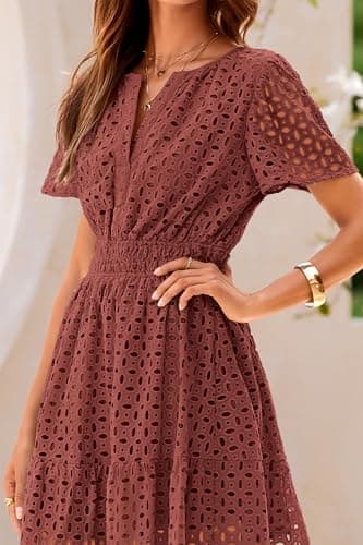 PRETTYGARDEN Womens 2025 Summer Short Dress V Neck Short Sleeve A Line Hollow Out Lace Ruffle Cute Casual Beach Party Dresses (Brown Red,Medium) - Image 8