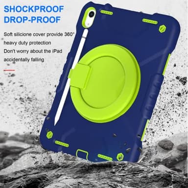 Andnary Case for iPad (A16) 11th Generation 11 inch 2025/10th Generation 10.9 inch 2022, Heavy Duty Shockproof Cover with 360° Rotating Handle/Bracket/Pen Holder/Shoulder Strap (Navy+Green) - Image 4