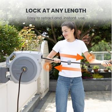 Giraffe Tools Heavy Duty Retractable Garden Hose Reel 1/2 130 FT, Wall Mounted with 9 Pattern Nozzle & Detachable Leader Hose, 180° Swivel Bracket, Any Length Lock, Commercial Grade (Light Grey) - Image 4