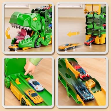 iHaHa Dinosaur Race Track Toys for Ages 3-4 4-6, 59-inches Transport Dinosaur Truck with 12 Die-cast Cars, Carrier Truck Toy Birthday Gifts Toys for 3 4 5 6 Year Old Boy - Image 5