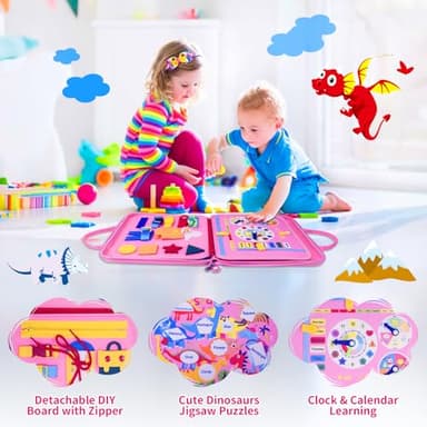 PITCOTT Busy Board Montessori Toys for 1 2 3 4 Year Old Toddlers -Travel Toy for Plane Car, Birthday Gift for Boys Girls - Preschool Educational Learning Activity Sensory Fine Motor Skills (Pink) - Image 4