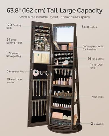SONGMICS 6 LEDs Lockable Mirror Jewelry Cabinet, 360° Swivel Jewelry Organizer Armoire Standing, Frameless Full-Length Mirror, 3 Storage Shelves, Ash Brown Surface, Black Lining UJJC007K02 - Image 6