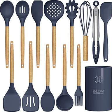 Silicone Cooking Utensils Set - 446°F Heat Resistant Silicone Kitchen Utensils for Cooking,Kitchen Utensil Spatula Set w Wooden Handles and Holder, BPA FREE Gadgets for Non-Stick Cookware (Navy Blue - Image 3