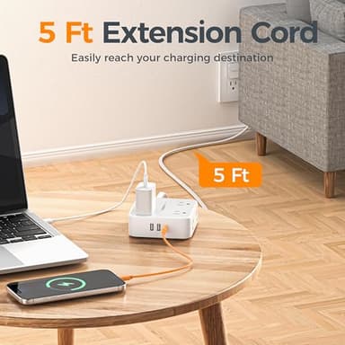 TESSAN Surge Protector Power Strip, 5 Ft Flat Plug Extension Cord with 3 USB (1 USB C) 8 Outlets, 900J Surge Protection, 3 Sided Outlet Extender with Power Switch for Office, Dorm Room Essentials - Image 6