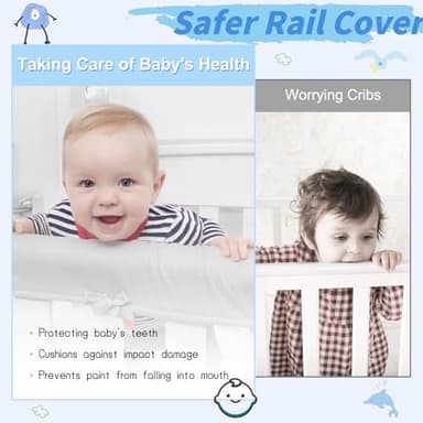 Azure/White Reversible Crib Rail Covers, Three-layers of Thickened Material to Protect Baby's Teeth, Soft Anti-Collision Crib Teething Rail Cover, Strip Corner Baby Bed Chewing Guard Rail, 4-PCS - Image 3