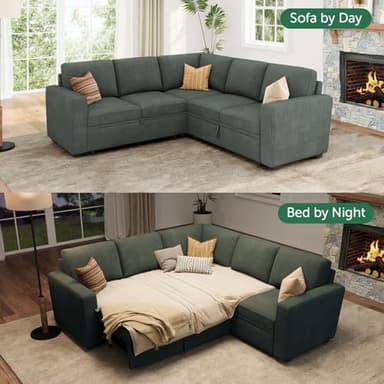 HONBAY Sectional Sleeper Sofa with Pull Out Bed, Corduroy L Shaped Couch with Storage, Modular Sectional Couches for Living Room, Green - Image 3