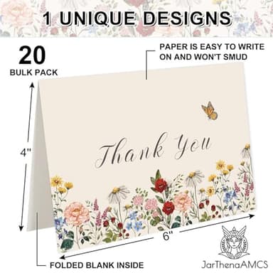 JarThenaAMCS Wildflower Thank You Cards Vintage Flower Greeting Cards Floral Blank Note Cards with Kraft Envelope Sticker for Birthday Wedding Bridal Shower, 4 x 6 Inch, 20 Pack - Image 3