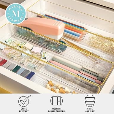 Martha Stewart Kerry Plastic Stackable Office Desk Drawer Organizers, 9" x 3", 8 Pack, with Gold Trim - Image 3