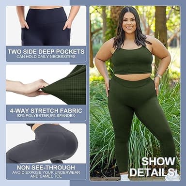 3 Pack Plus Size Leggings with Pockets for Women - High Waisted Tummy Control Spandex Soft Black Workout Yoga Pants - Image 3