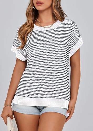 PRETTYGARDEN Womens Short Sleeve Sweater Spring Summer 2025 Round Neck Striped Pullover Cap Sleeve Knit Sweater Vest Tops(Striped White Navy,Small) - Image 5