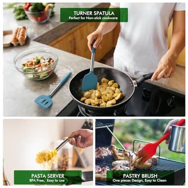 HOTEC 446°F Heat Resistant Silicone Kitchen Utensils, Cooking Utensil Set, Spatula Set, BPA Free, Kitchen Gadgets, Utensils Holder, Dishwasher Safe, 14pcs Multicolor - Image 3