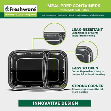 Freshware Meal Prep Containers [50 Pack] 2 Compartment with Lids, Food Storage Containers, Bento Box, BPA Free, Stackable, Microwave/Dishwasher/Freezer Safe (28 oz) - Image 5