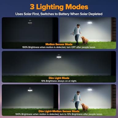 UME Hybrid Solar and Battery Powered Motion Sensor Outdoor Lights, 302 LED 1800LM, IP65 Waterproof, 3-Head Motion Activated LED Flood Lights, Energy Efficient Hybrid Security Light for Garden, Patio - Image 5