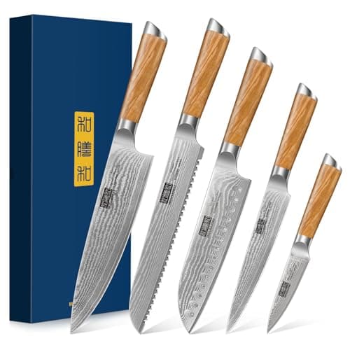 HOSHANHO 5 Pieces Kitchen Knife Sets, Ultra Sharp Professional Damascus Super Steel Chef Knives Sets with Ergonomic Olive Wood Handle, Including Chef, Bread, Santoku, Utility & Paring Knives - Image 1