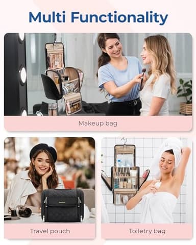 BAGSMART Makeup Bag for Women with Hanging Hook - Portable Cosmetic Case, Large Capacity Door Room Essentials Travel Organizer for Full Sized Cosmetics and Toiletries, Black - Image 4