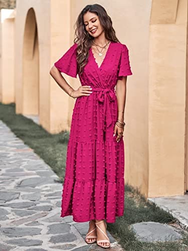 MASCOMODA Womens Swiss Dot Maxi Spring Wedding Guest Dress 2025 Casual Wrap V Neck Flutter Sleeve Long Flowy Party Dresses(Rose Red,Medium) - Image 4