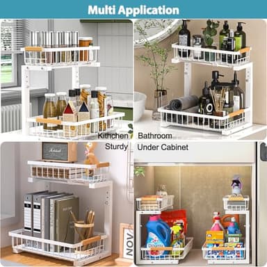 Liuoud Under Sink Organizer 2 pack, 2 Tier Slide Out Under Sink Organizers And Storage, Height Adjustable Pull Out Cabinet Drawers, Kithcen Bathroom Metal Storage Caddy Shelf, White - Image 8